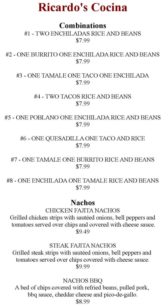 Ricardo's Cocina menu page 1